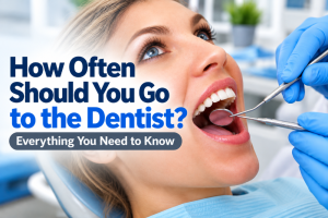 Woman at the dentist with mouth open while a tool is used; article asks how often to visit the dentist.
